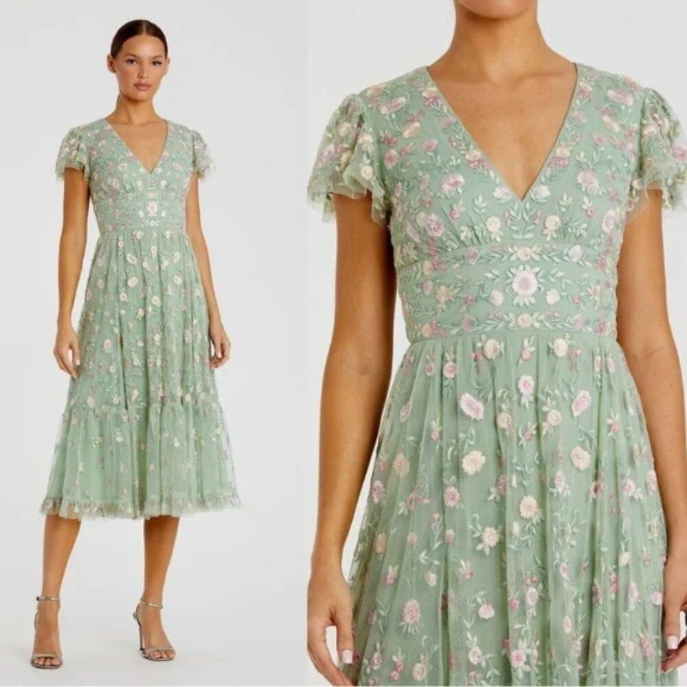 Mac Duggal 35104 Size 16 Green Floral Embroidered V-Neck Cap‎ Sleeve Midi Dress